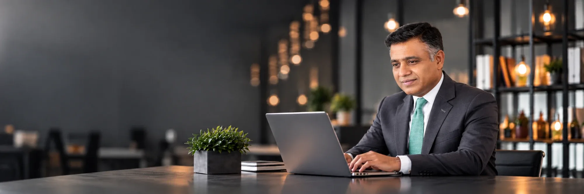 An adviser working on a laptop at a desk in a modern grey office