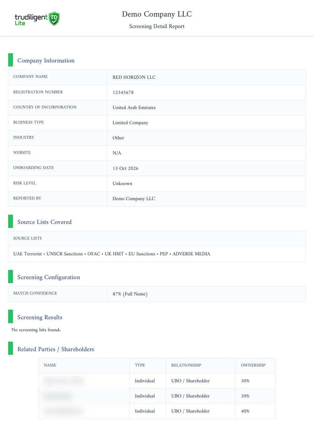TruDiligent screening detail report with company information, source lists covered, match confidence and related parties