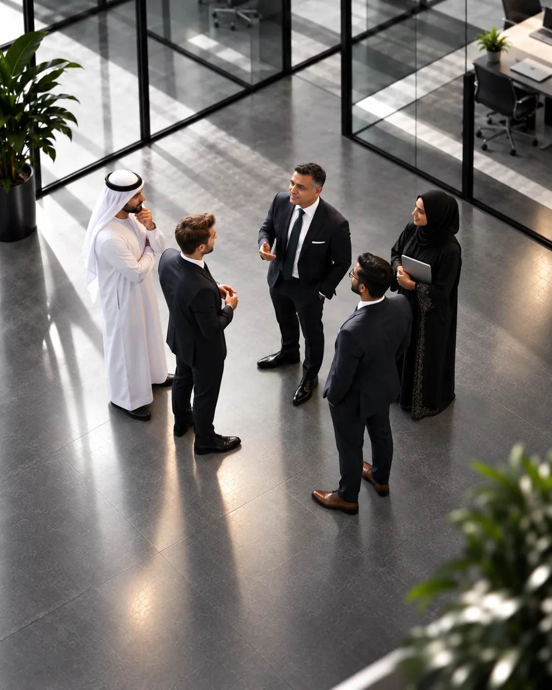 Five professionals in conversation in a modern office lobby, seen from above